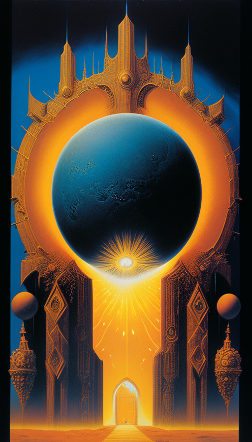 Abstract cosmic sunset temple with space monks