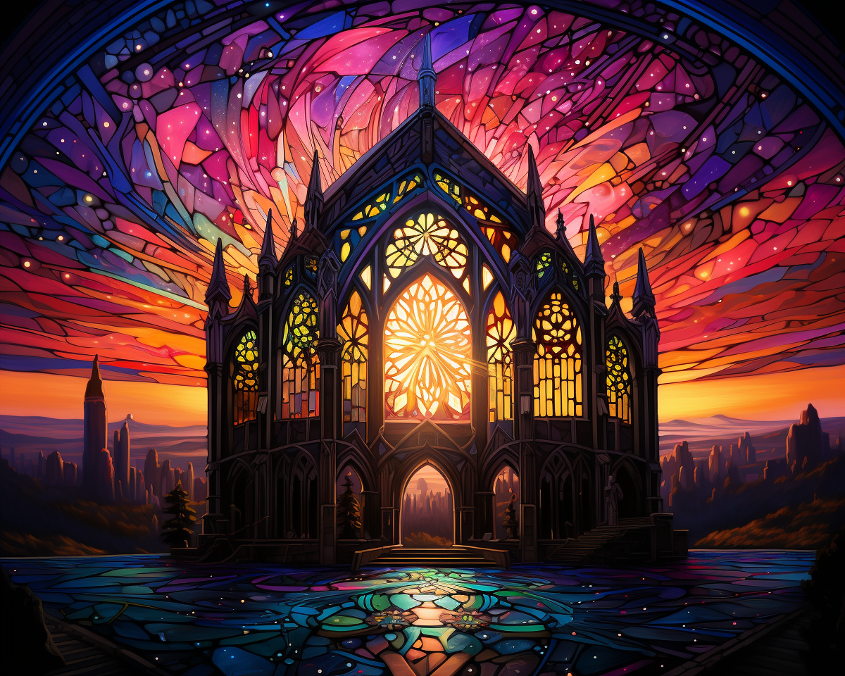 Colorful styled stained glass windows in the Cosmos Cathedral