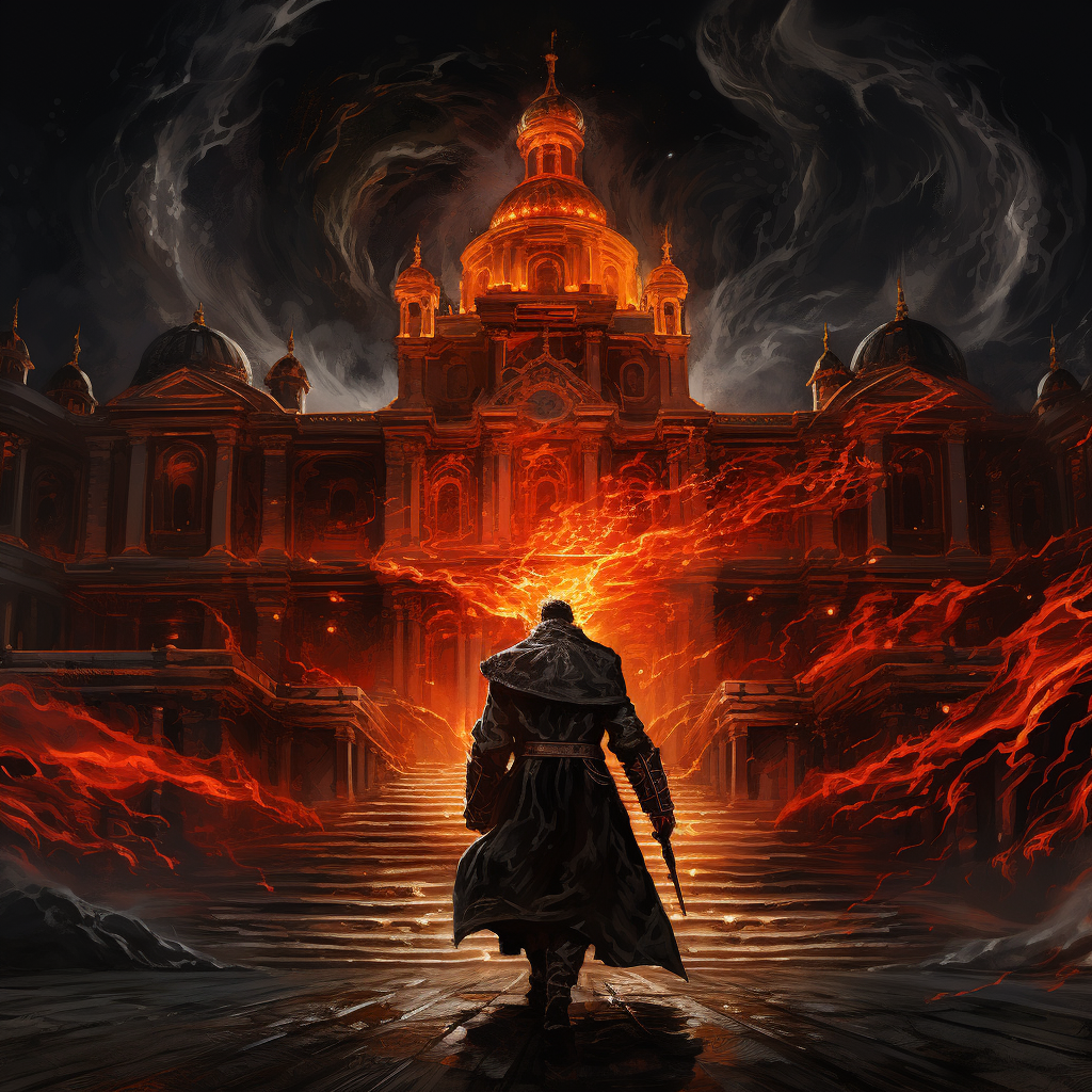 Cossack man in burning palace at night