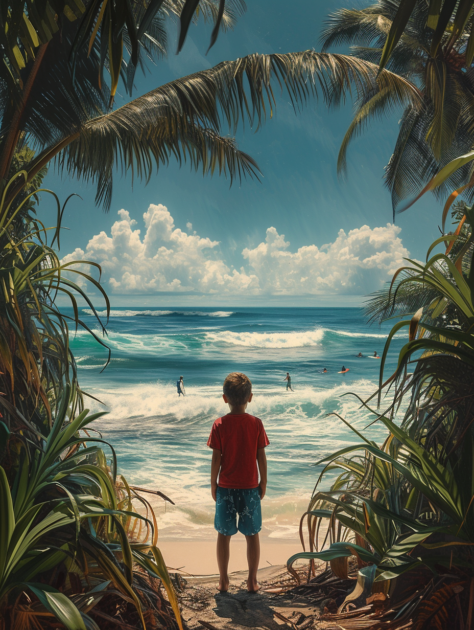 Costa Rican Boy Watching Surfing on Tropical Beach