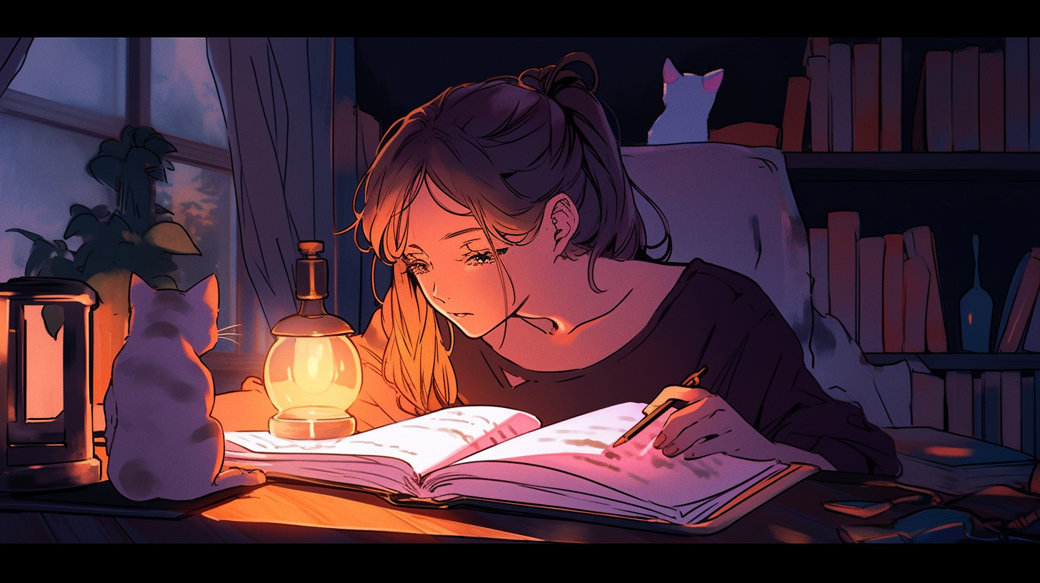 Cozy Anime Cat Human Reading Book