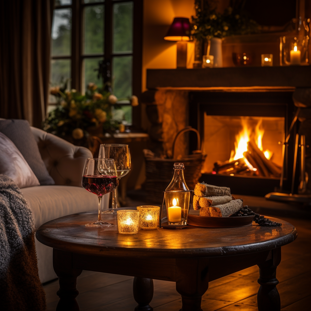 Cozy candles burning on fireplace