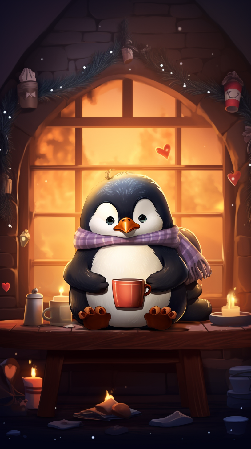 Adorable penguin sipping hot chocolate by the fireplace