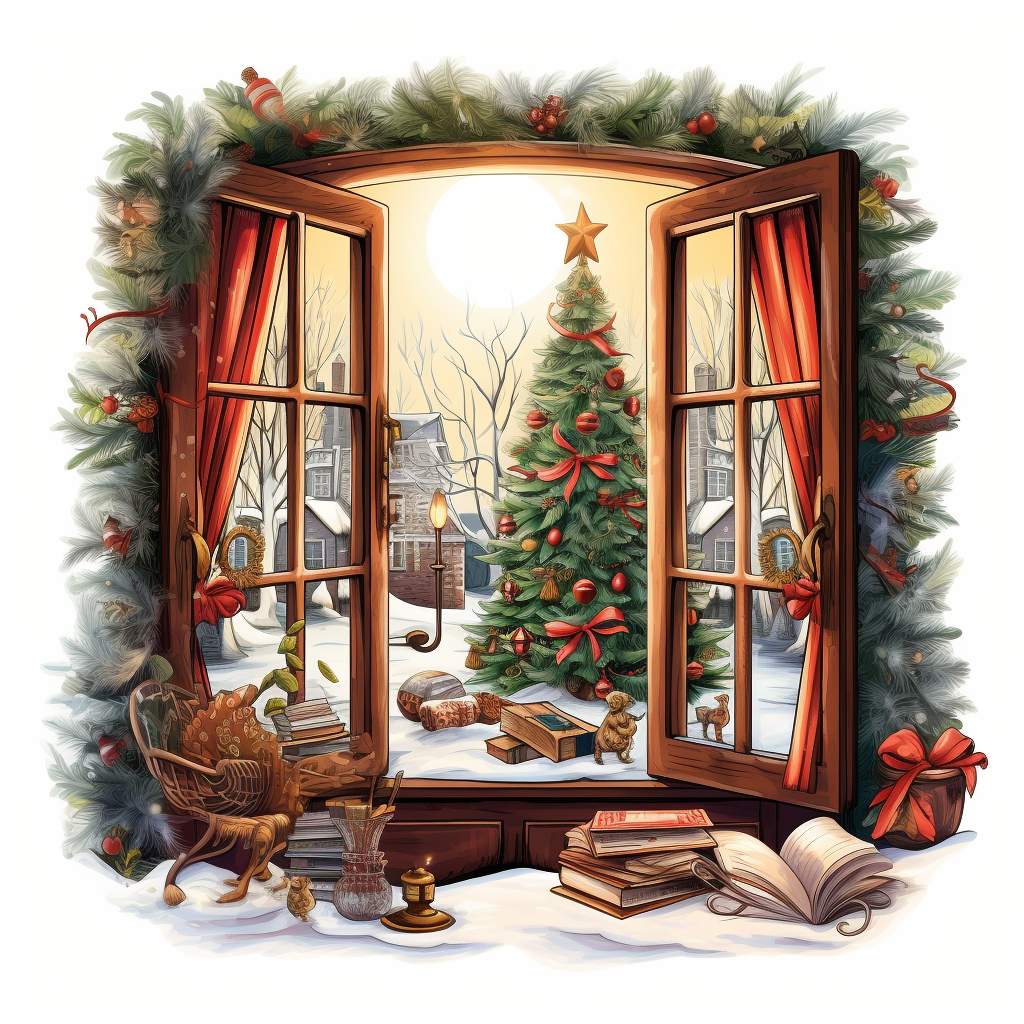 Illustration of cozy Christmas house window