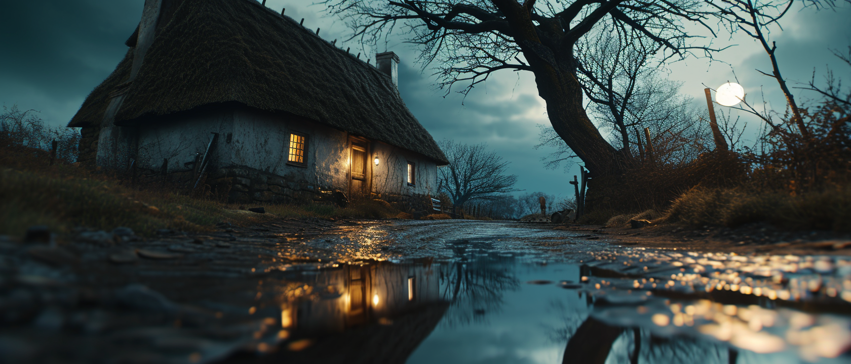 Cinematic Reflection of Isolated Thatched Cottage