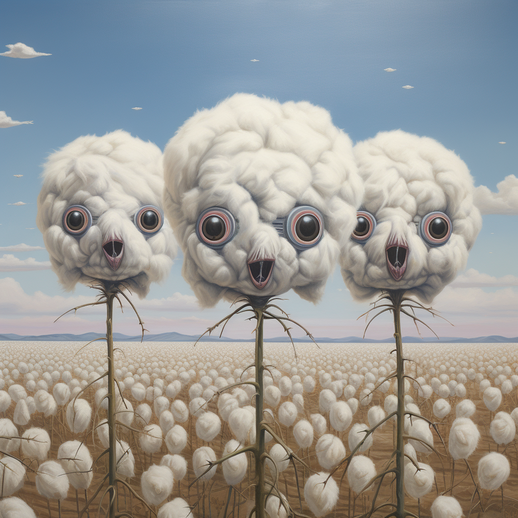 Cotton field with three tufts of eyes