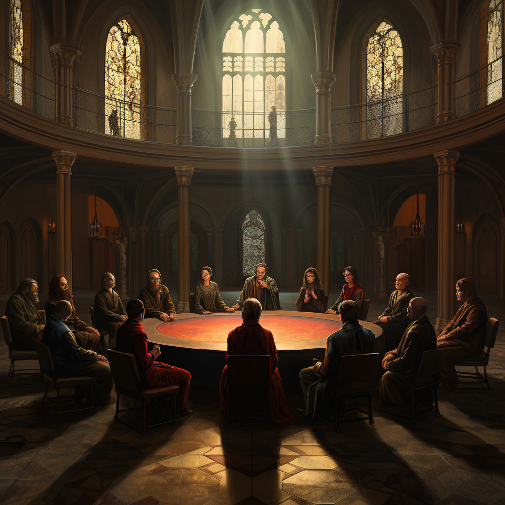 A secretive council meeting in a vast hall