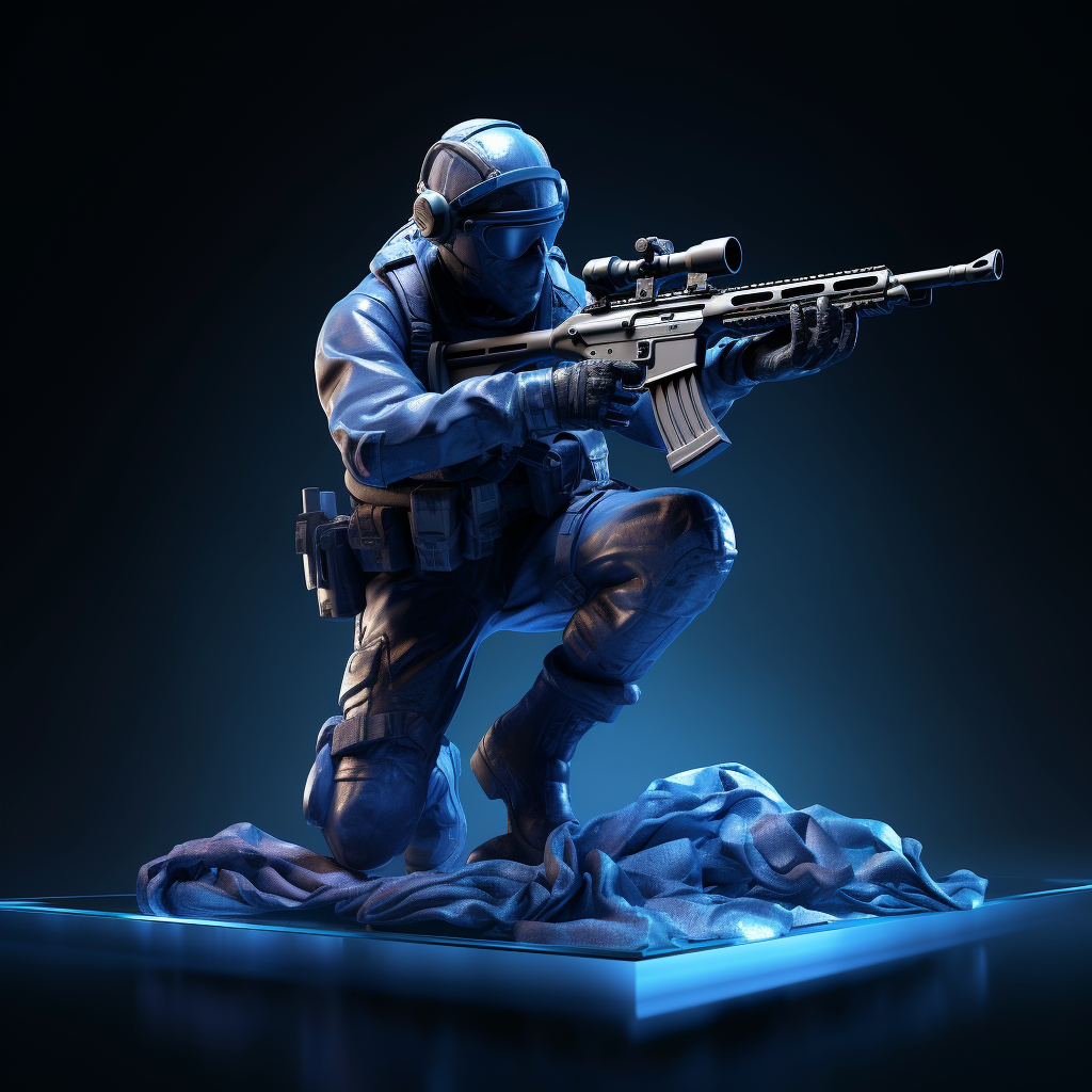 Counter-Strike character holding sniper with floating marble statue