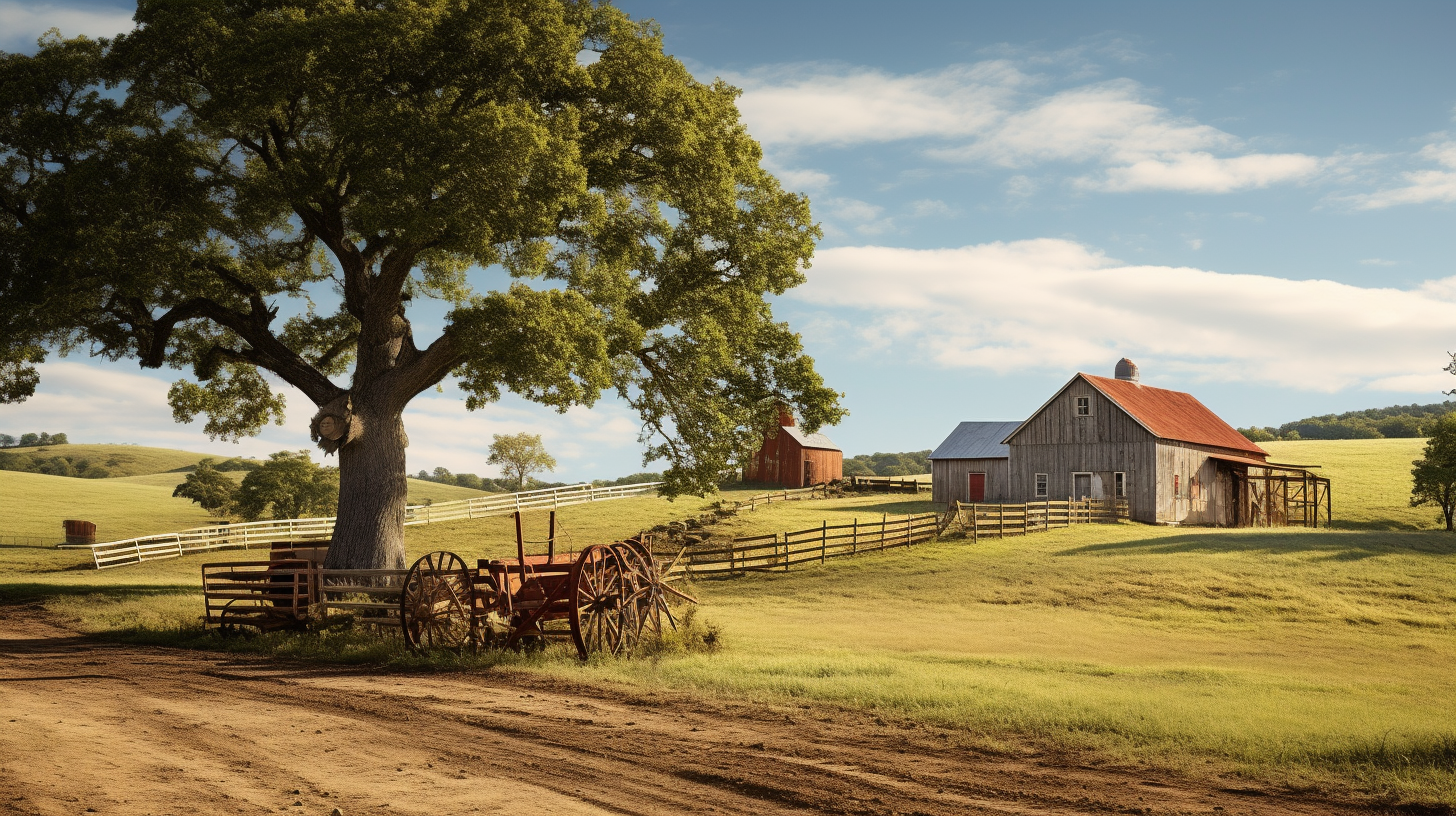 Beautiful country landscape with barn and oak tree