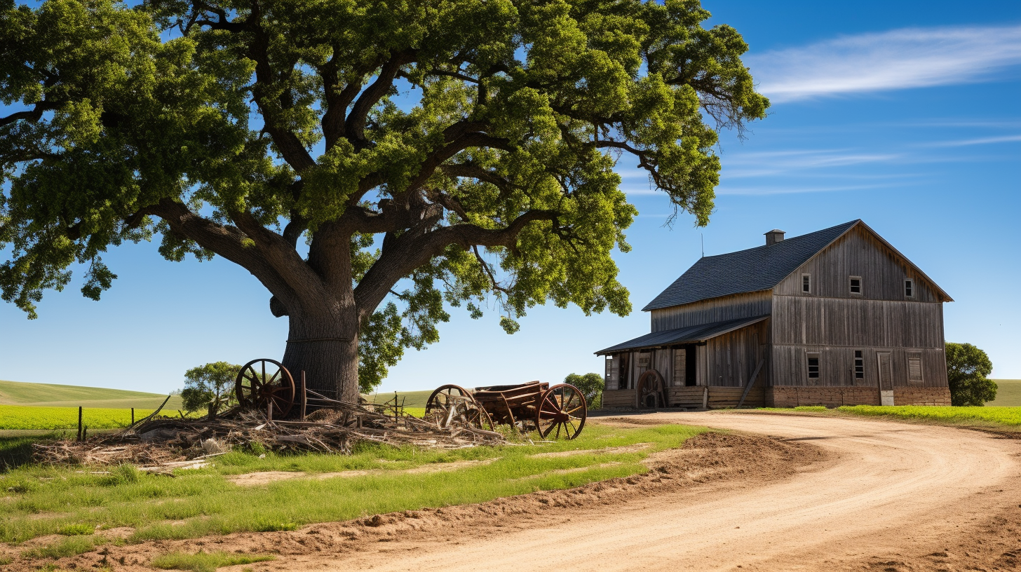 Scenic countryside with old barn and oak tree