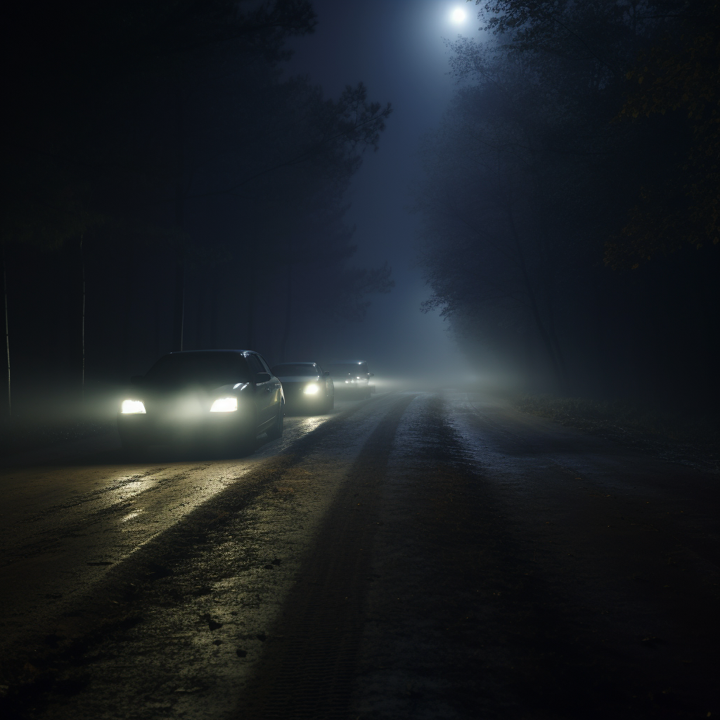 Cars driving on country road at night with different headlights