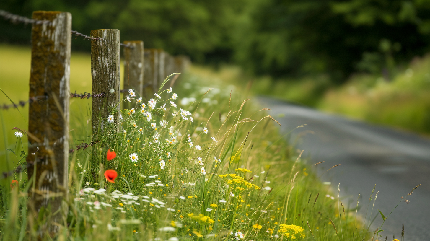 Country road with summer wildflowers by the fence