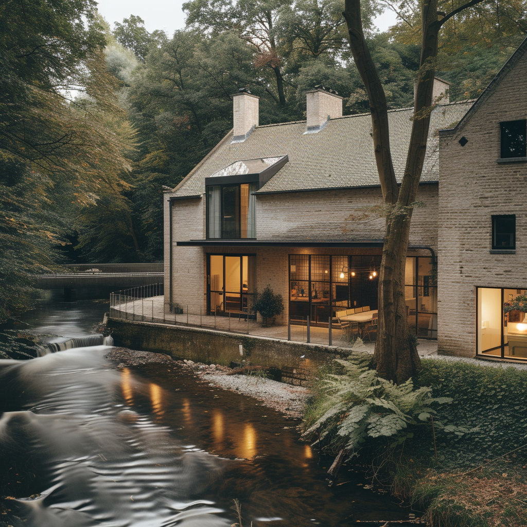 Classic converted countryside forest mill near river