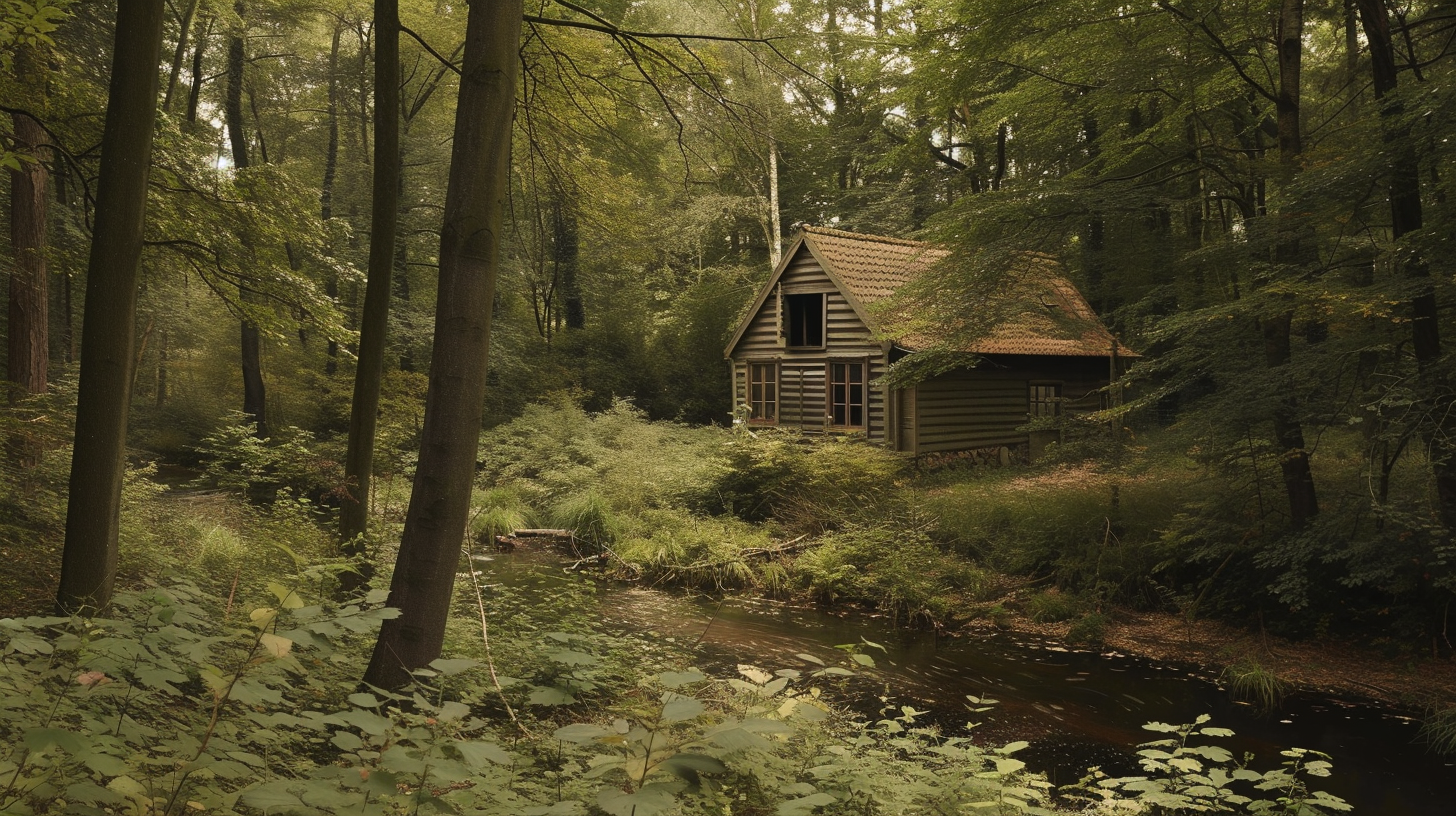 Exterior shot of classic converted countryside forest mill near river in Denmark