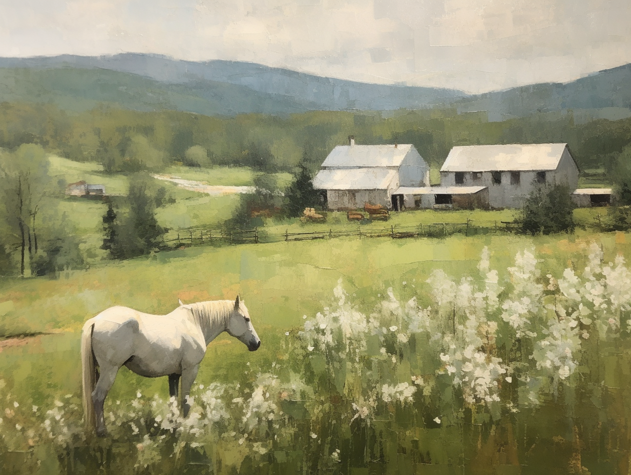 Oil painting of rolling green hills with white flowers and a grazing white horse