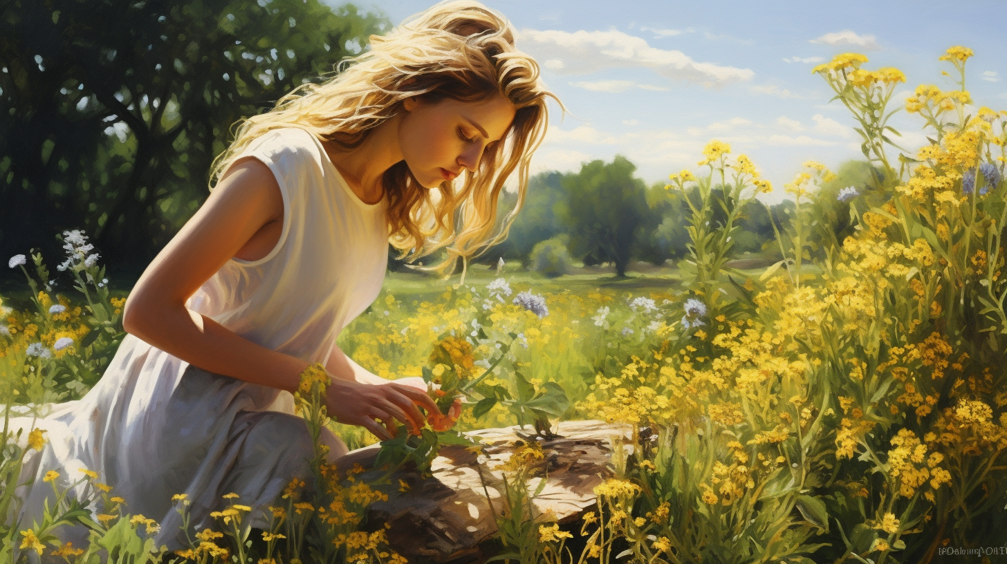 Woman picking flowers in countryside