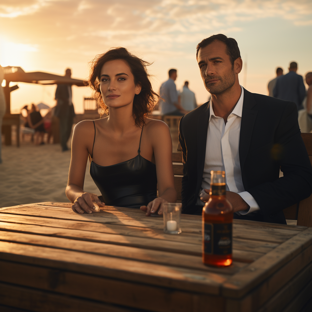 Happy couple on beach at sunset