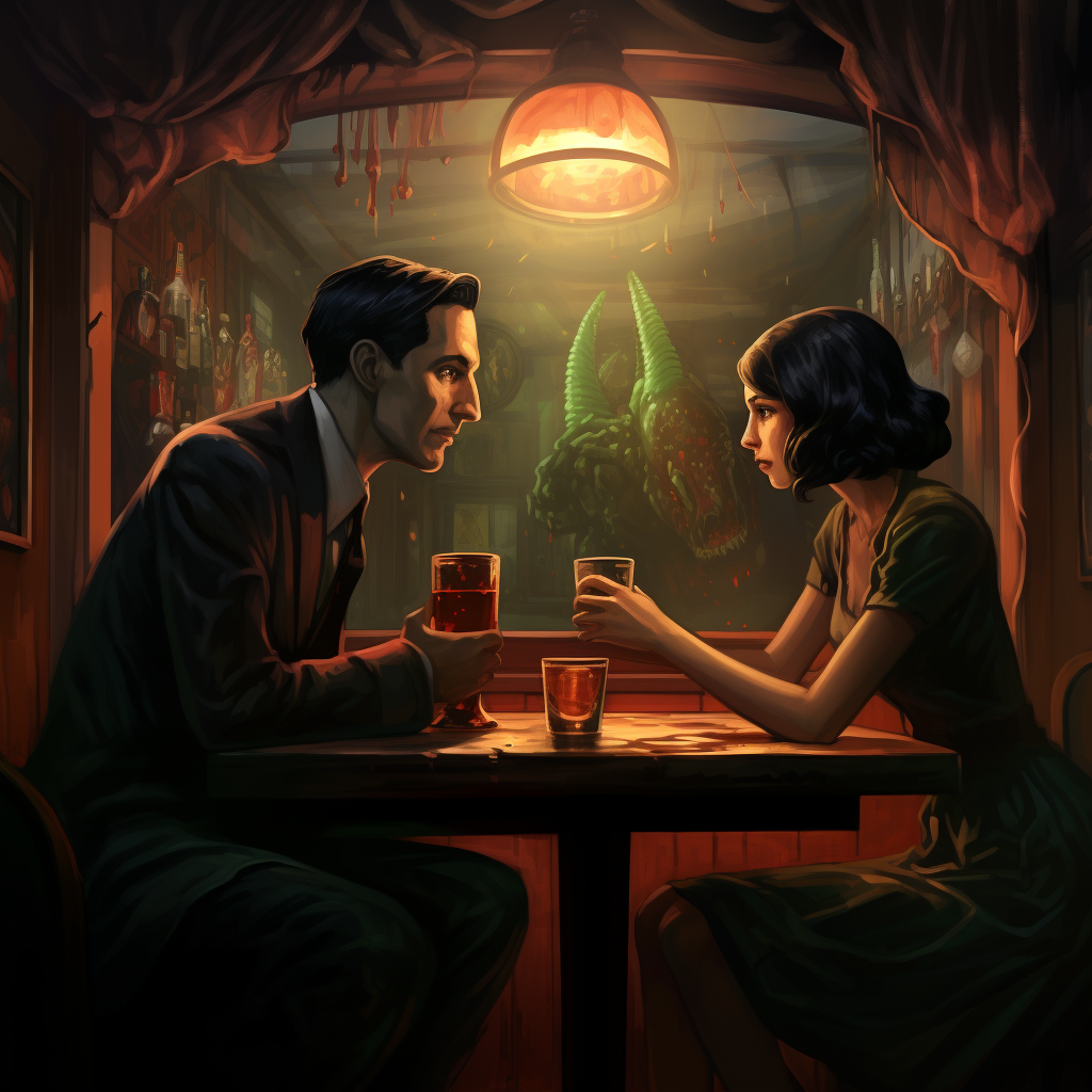 Couple enjoying beer in Lovecraftian fashion