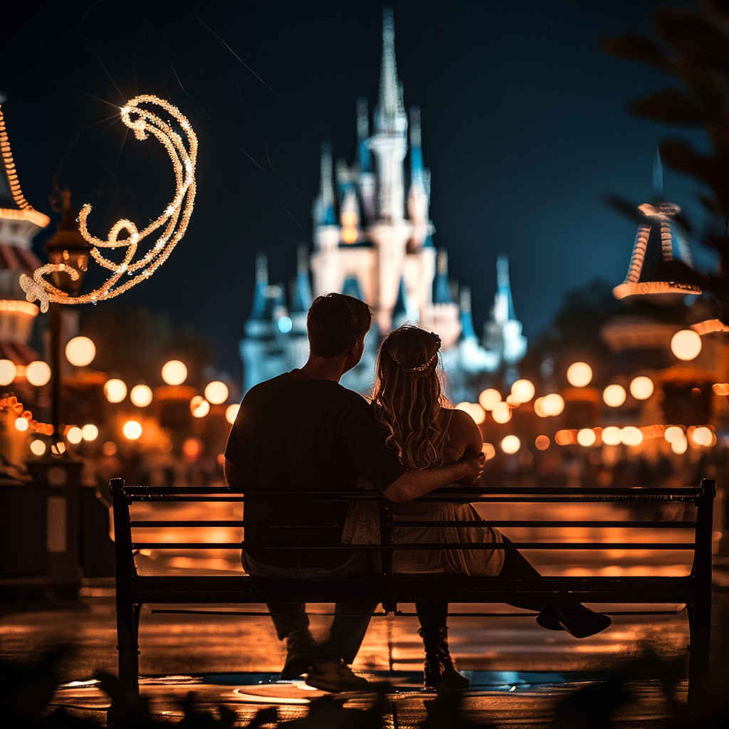 Couple sitting on bench in front of Disney Castle with sparkles