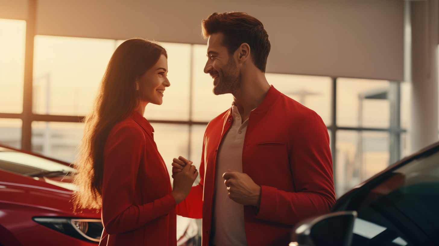 Couple buying a red car in an automotive agency