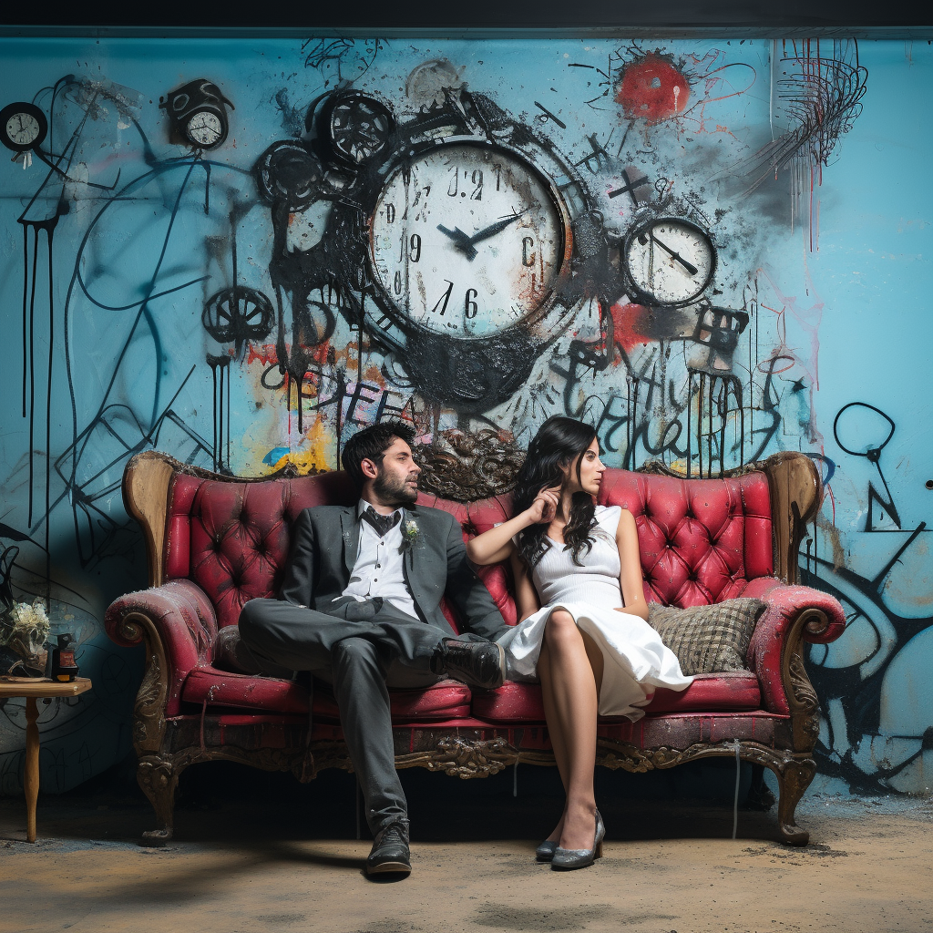 Couple relaxing on sofa in Banksy-inspired art