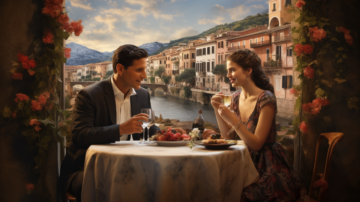 Couple enjoying outdoor dining in Italy