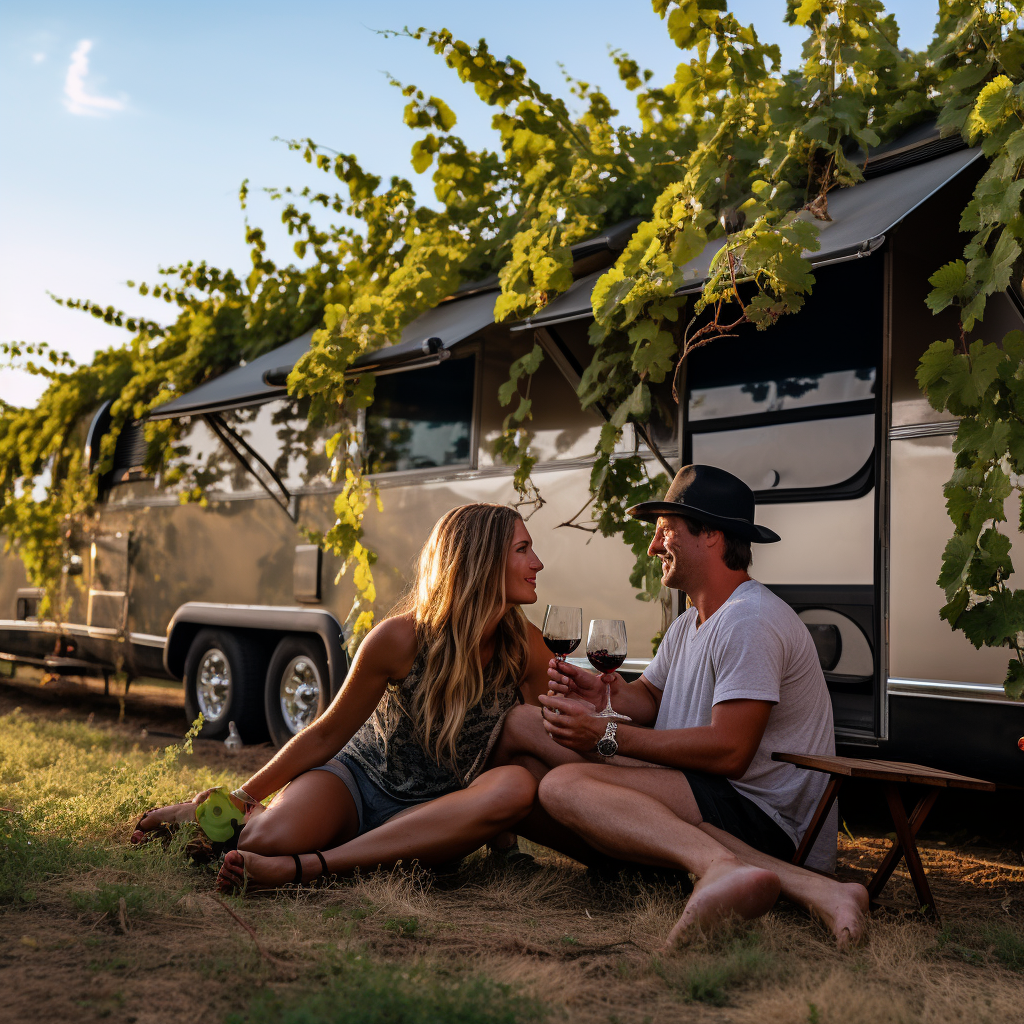 Couple enjoying wine surrounded by grapevines