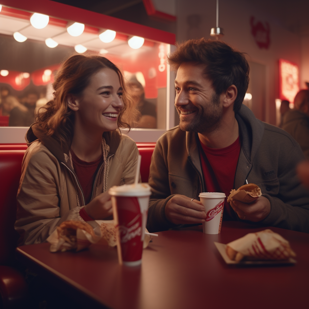 Couple enjoying French fries at KFC