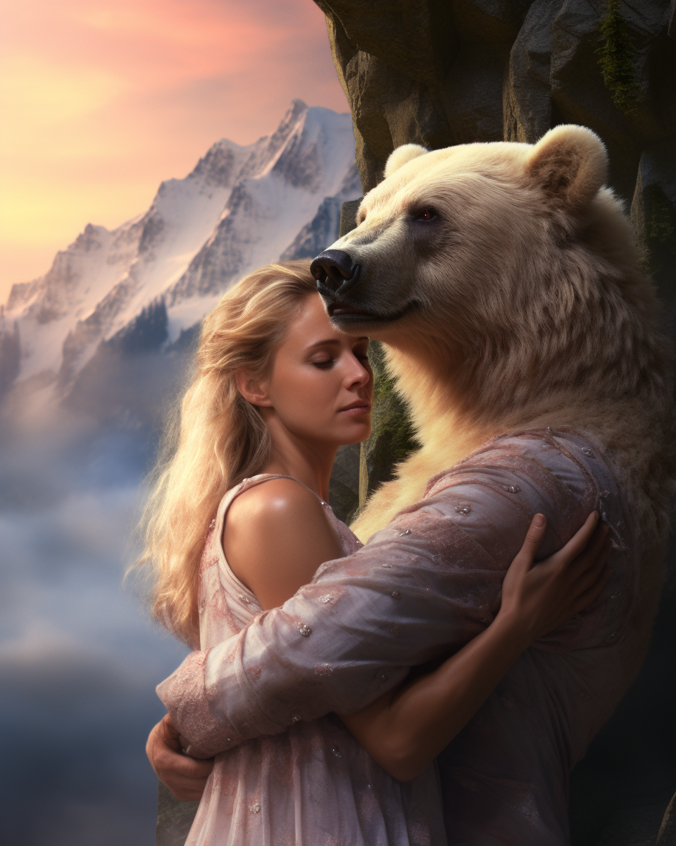 Couple Embracing Bear Magical Setting