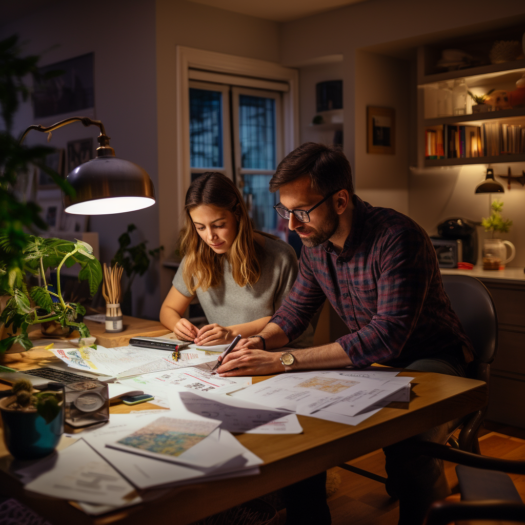 Couple examining financial documents with calculator, laptop, and brochures