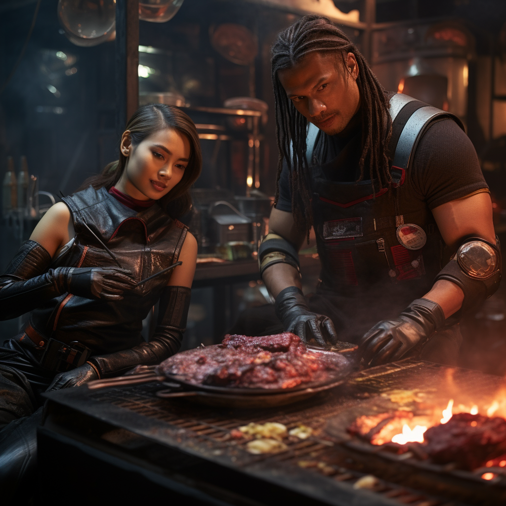 Couple enjoying a rare BBQ in cyberpunk setting