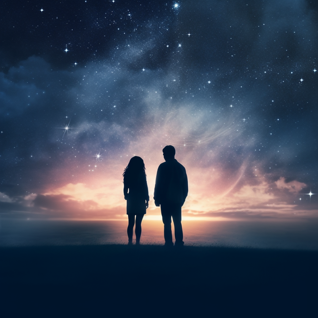 Silhouette of a couple looking out into space