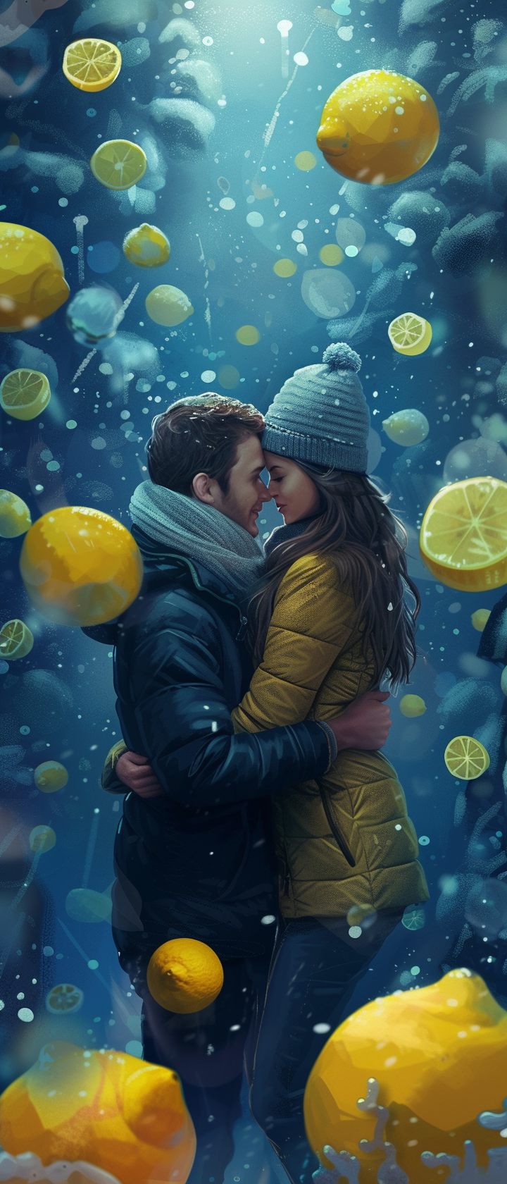 Couple Hugging Among Lemons on Blue Gradient