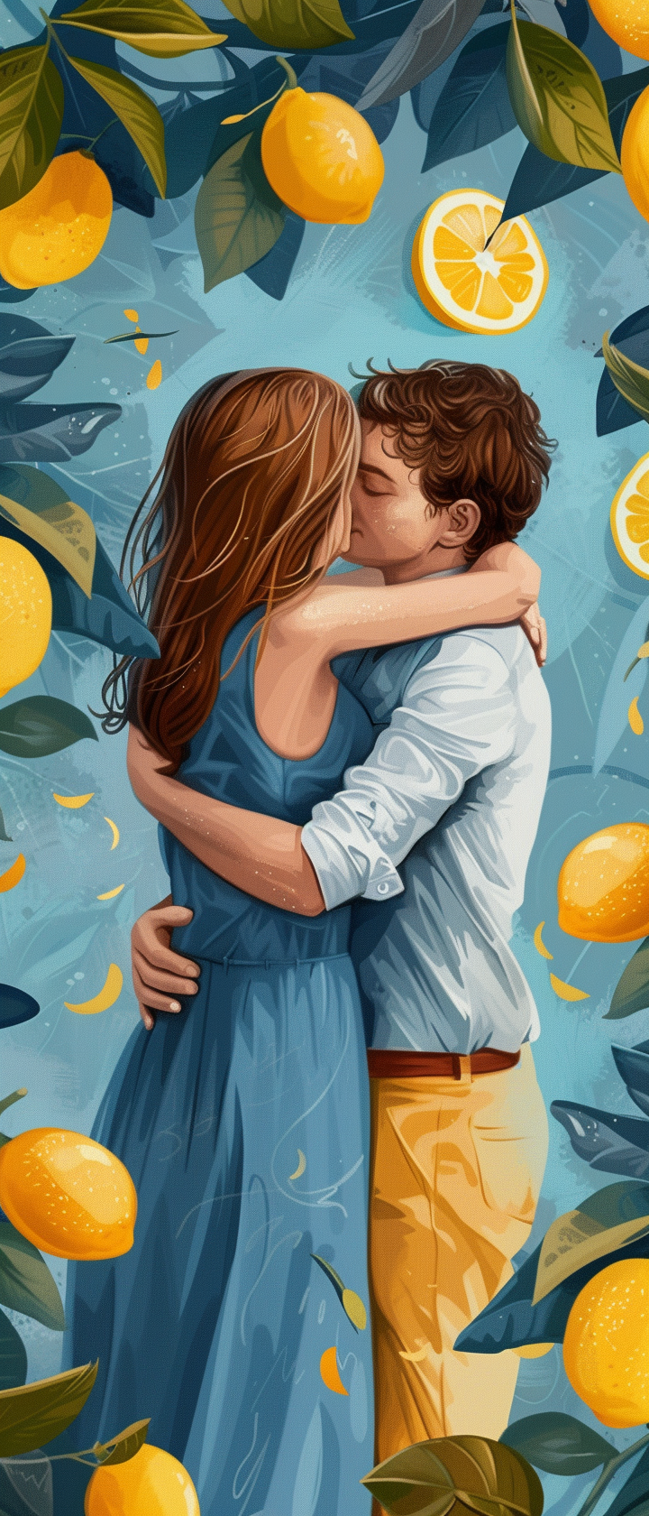 Couple Hugging with Lemons on Blue Background