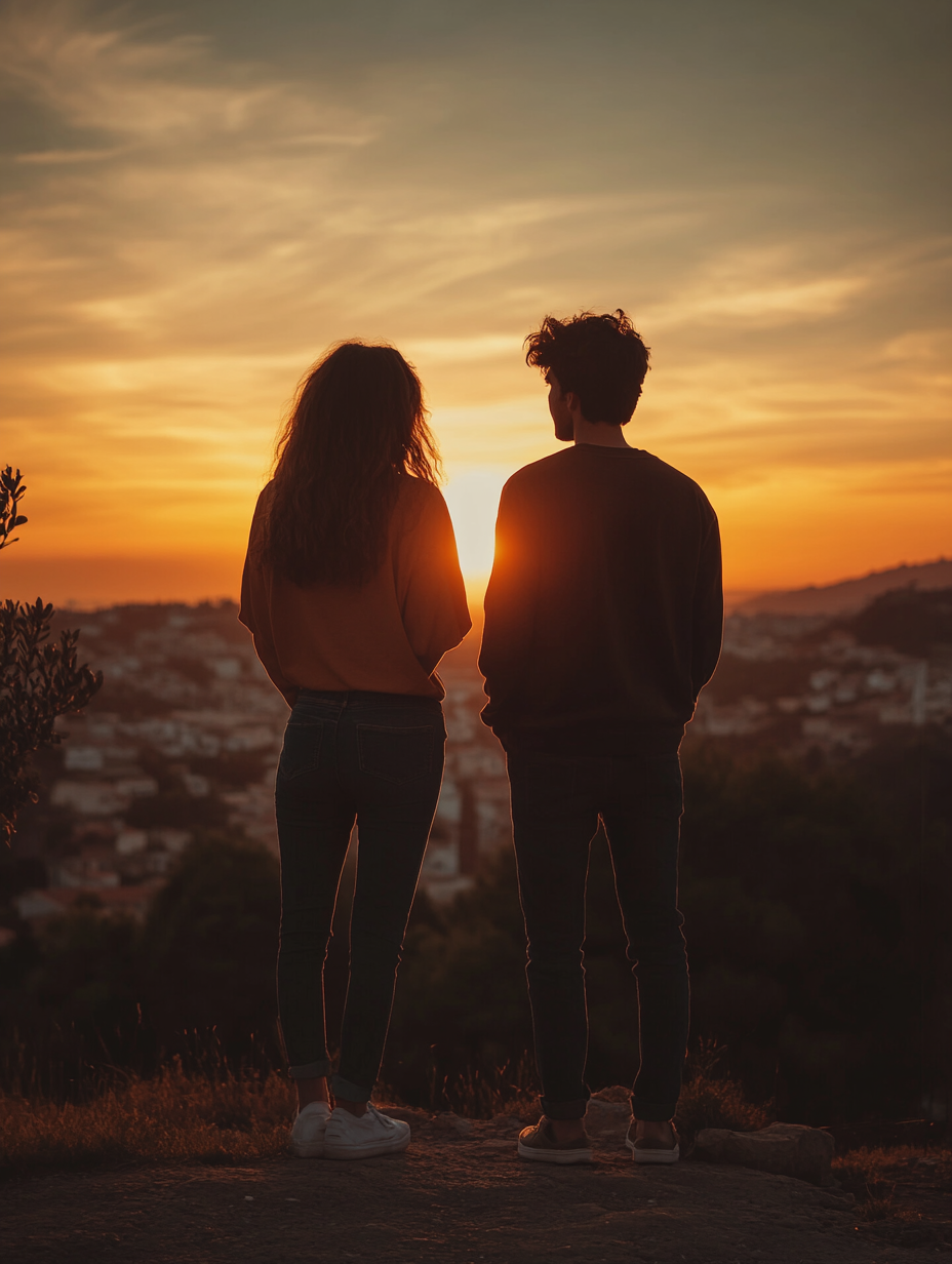 couple in 30s standing in front of sunset