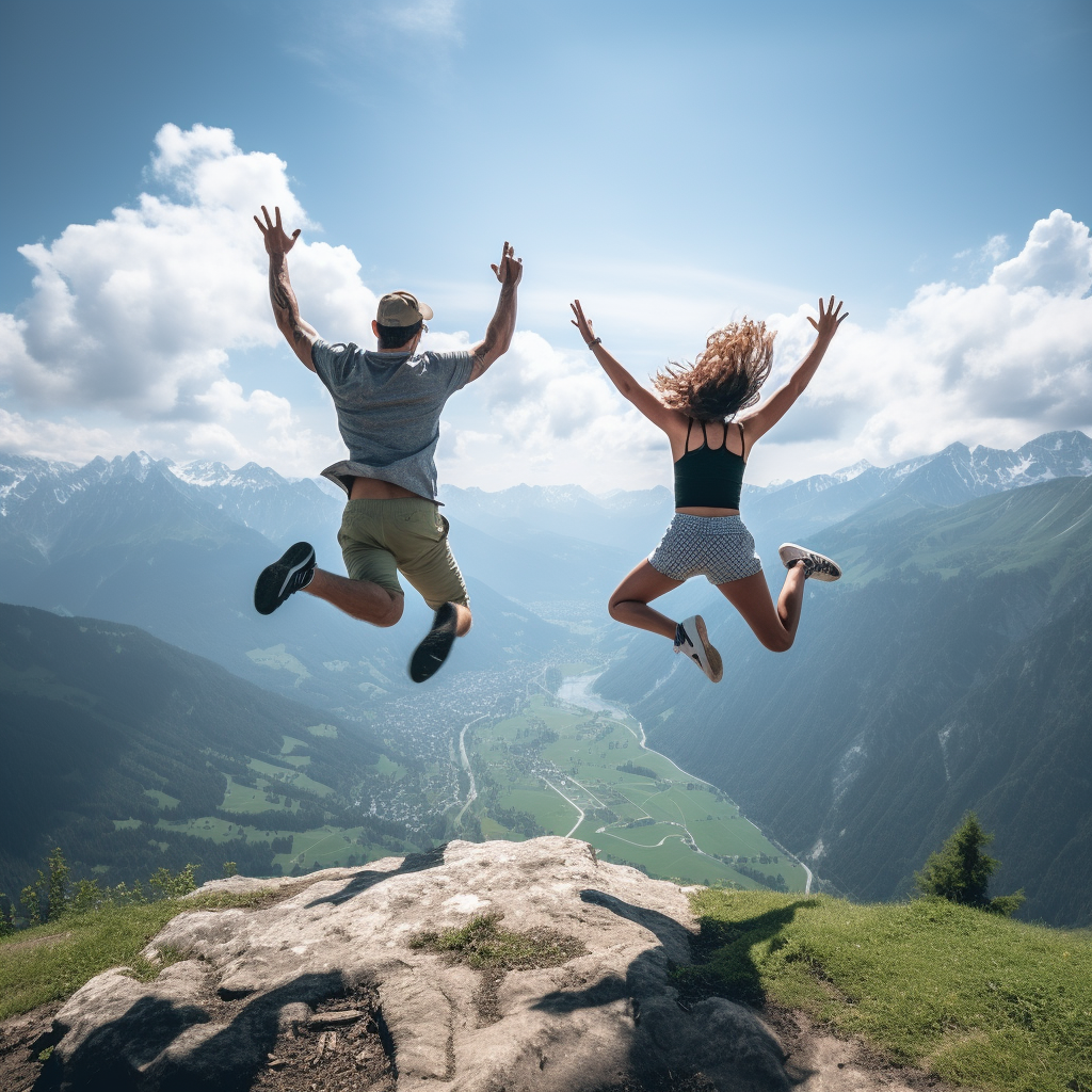 Couple Jumping on Mountain