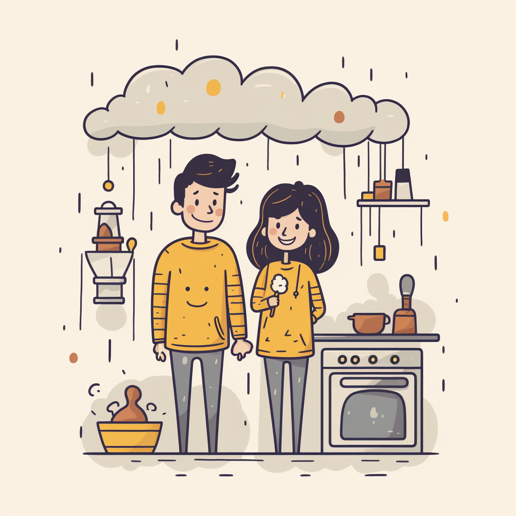 Couple cooking comfort-food in the kitchen during rain