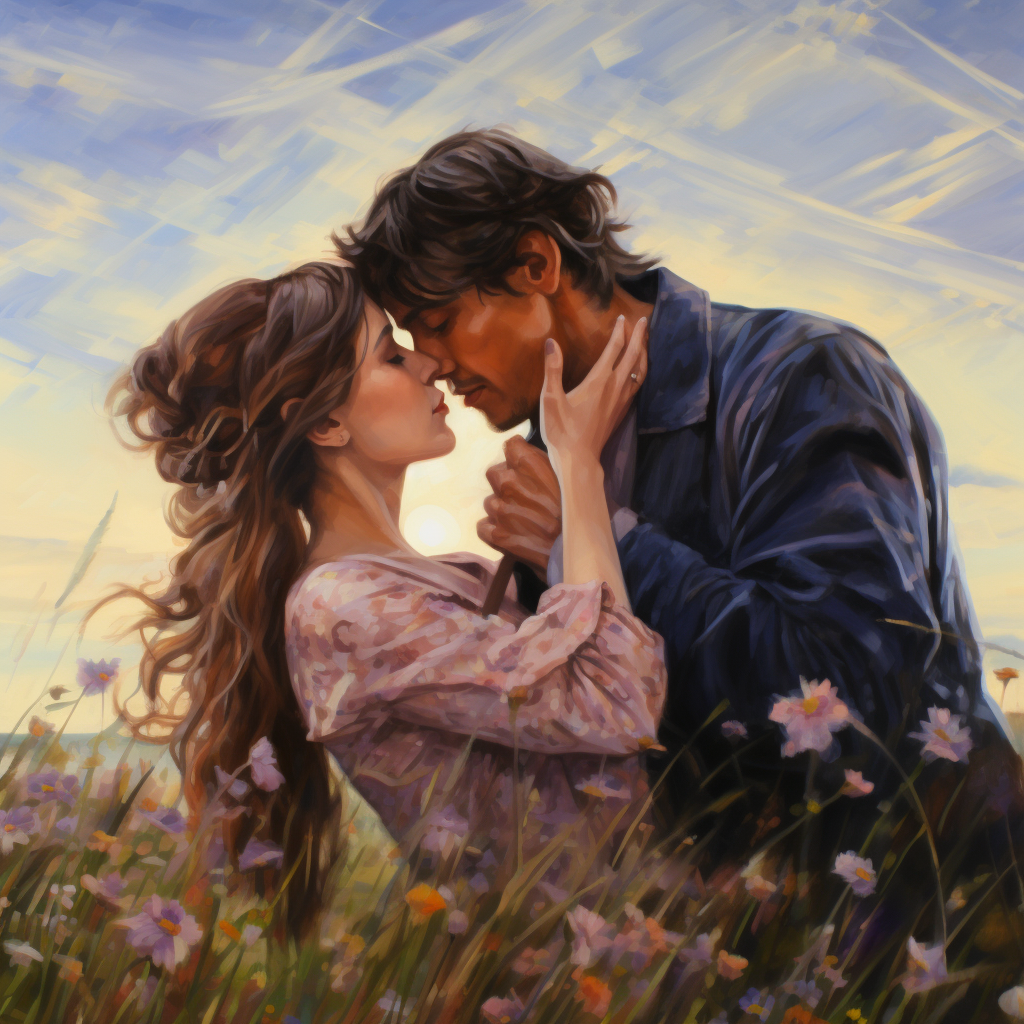 Loving couple kisses in meadow