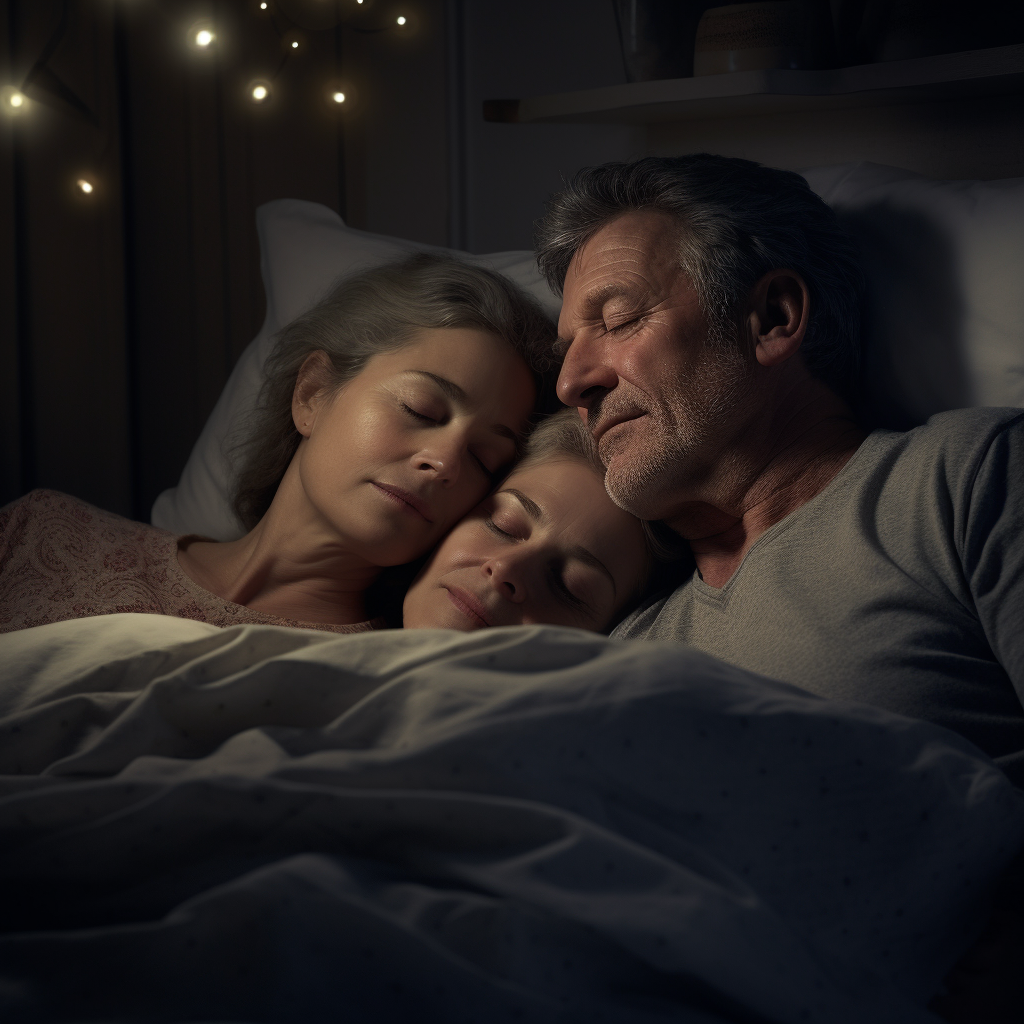 Couple Man Woman 55 Years Old Bed Awake Snoring Night Lighting