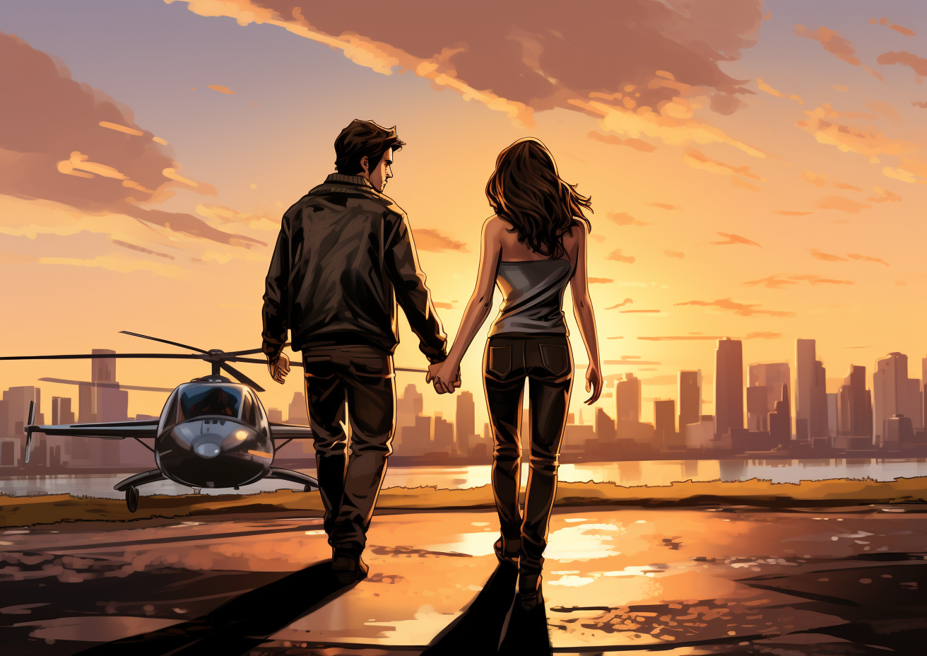 Couple walking to helicopter at sunset