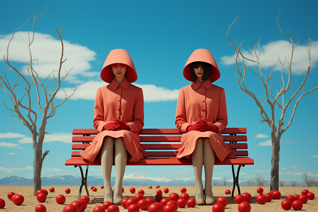 Couple sitting on bench with red tomato heads