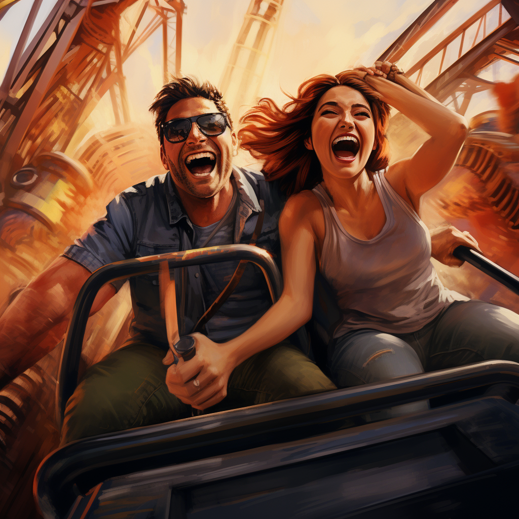 Happy couple on roller coaster