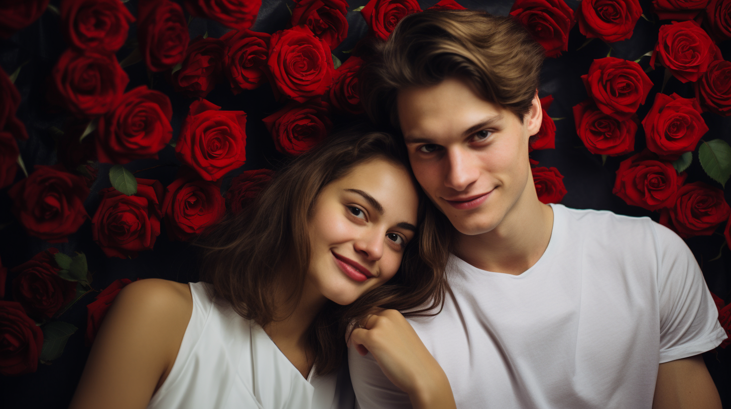 Smiling couple with red roses