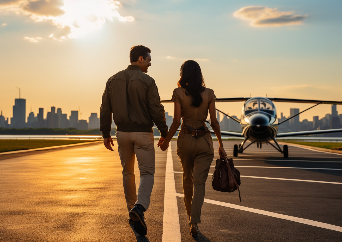 Happy couple pilots holding helmets