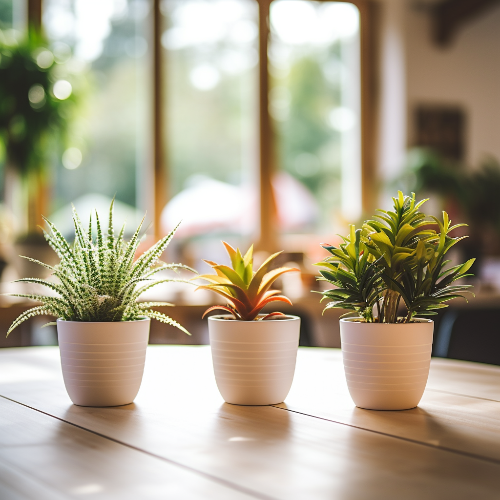 Two potted plants on a table (max 6 words)