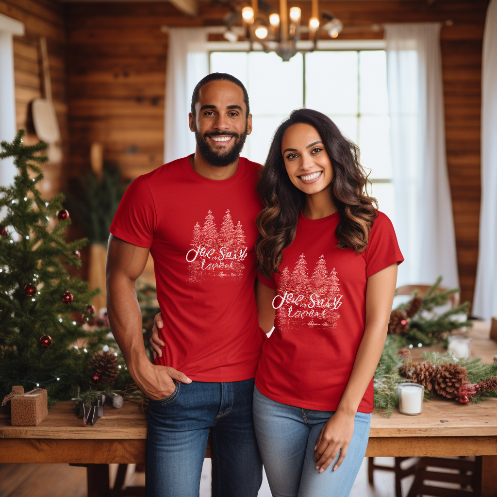 Couple wearing red t-shirts in farmhouse Christmas scene