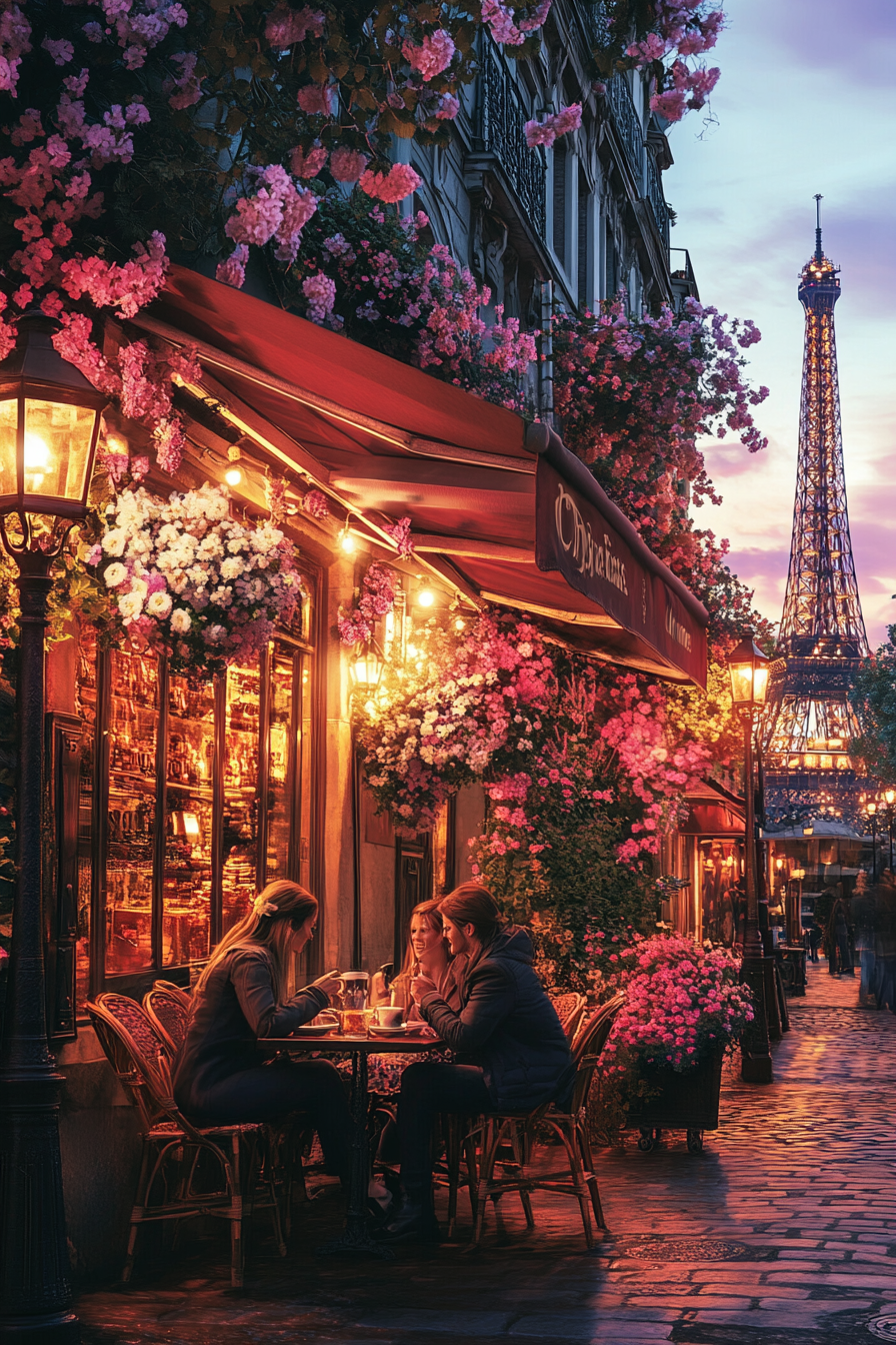 couple sipping coffee outside Parisian café with Eiffel Tower view.