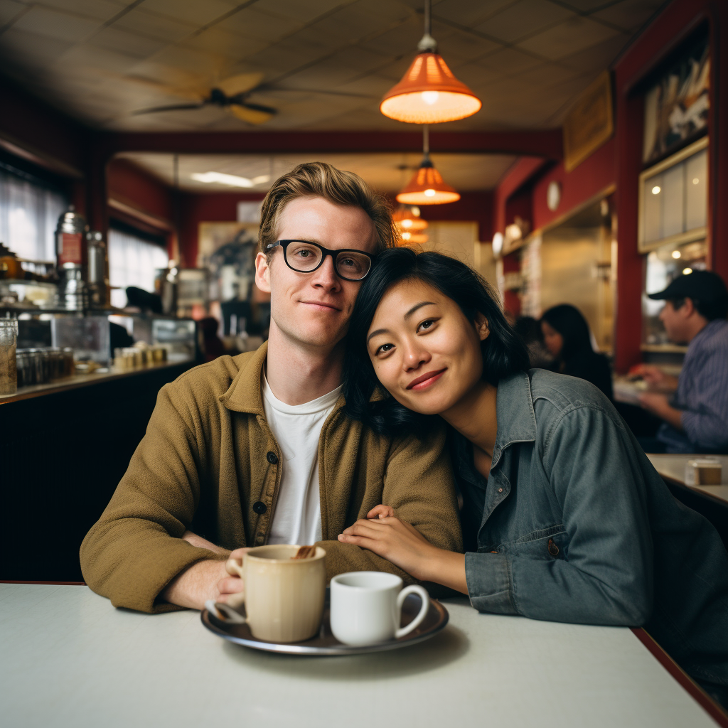 Asian woman with white man at diner