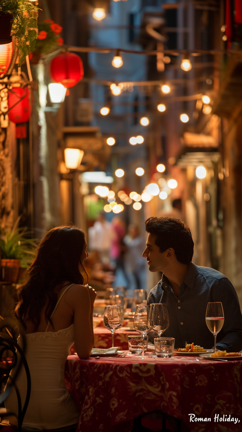 Couple in Italian restaurant with red and white tablecloth in Rome