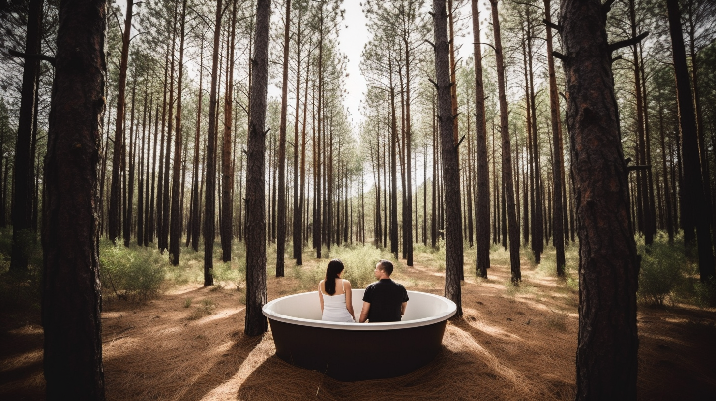 Couple enjoying outdoor bathtub surrounded by pine forest